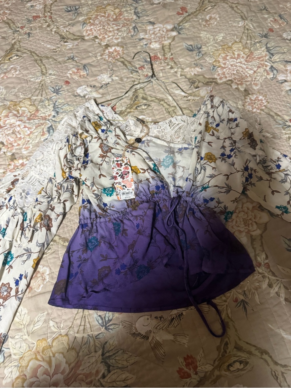 Buckle Floral Tie-Dye Peasant Top in Cream and Purple